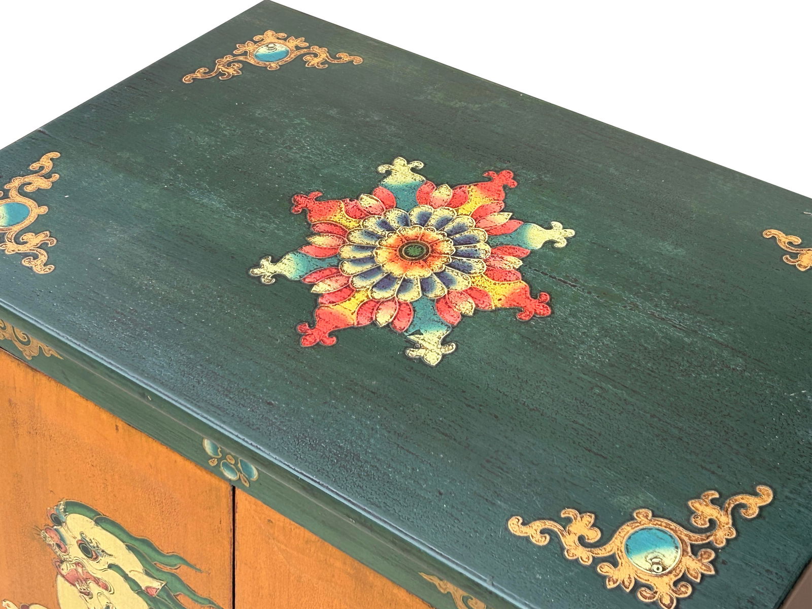 Tibetan Oriental Green Orange Foo Dogs Lions End Table Nightstand - 8