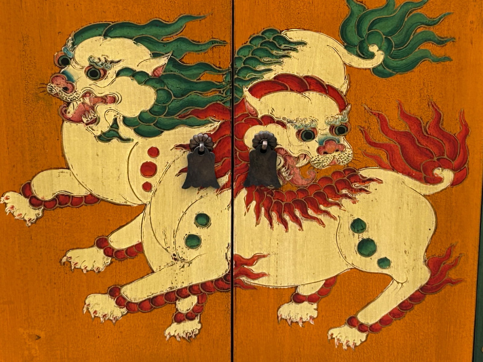 Tibetan Oriental Green Orange Foo Dogs Lions End Table Nightstand - 9