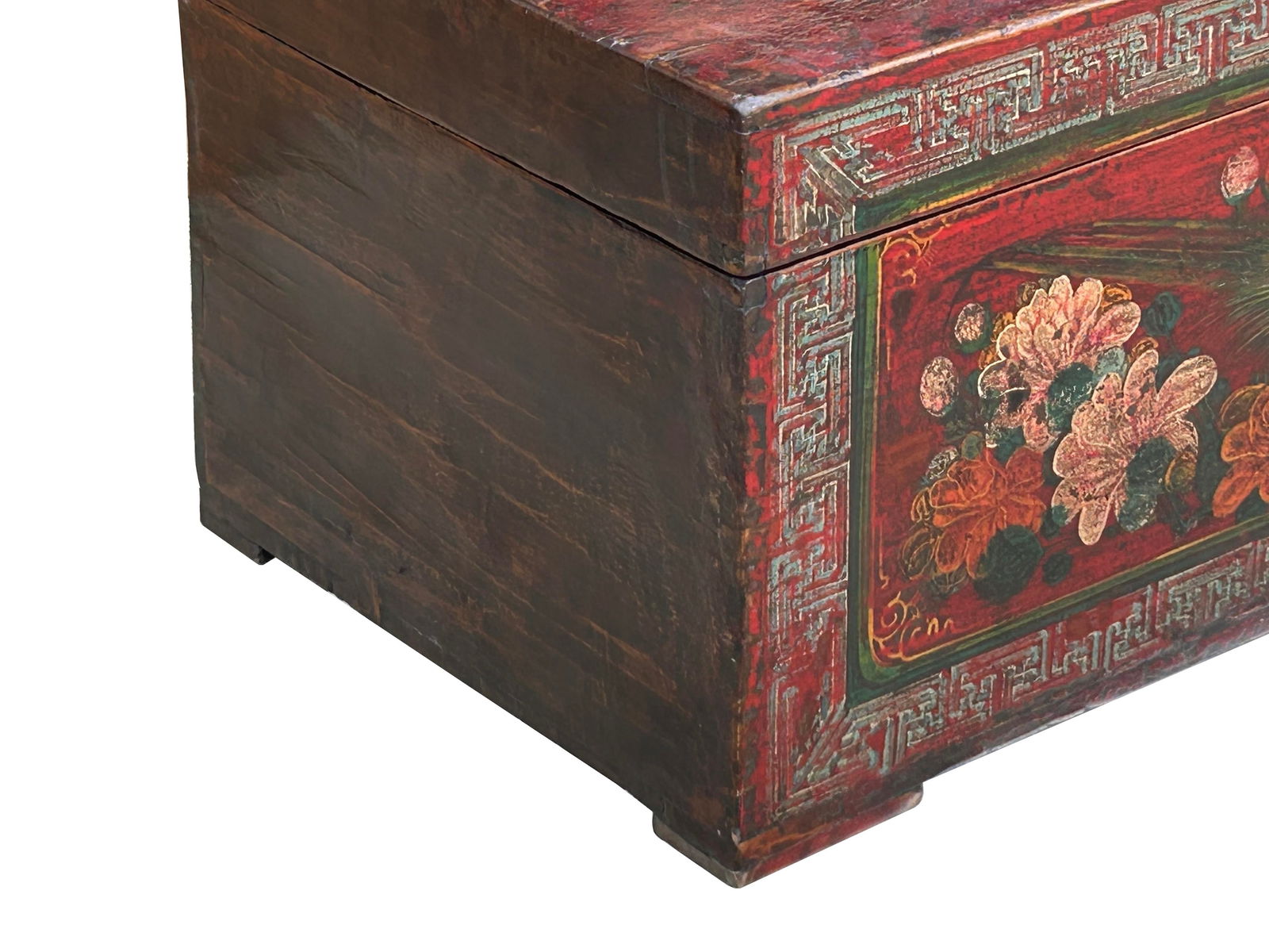 Vintage Distressed Brick Red Brown Flower Bird Oriental Wood Trunk Table - 10