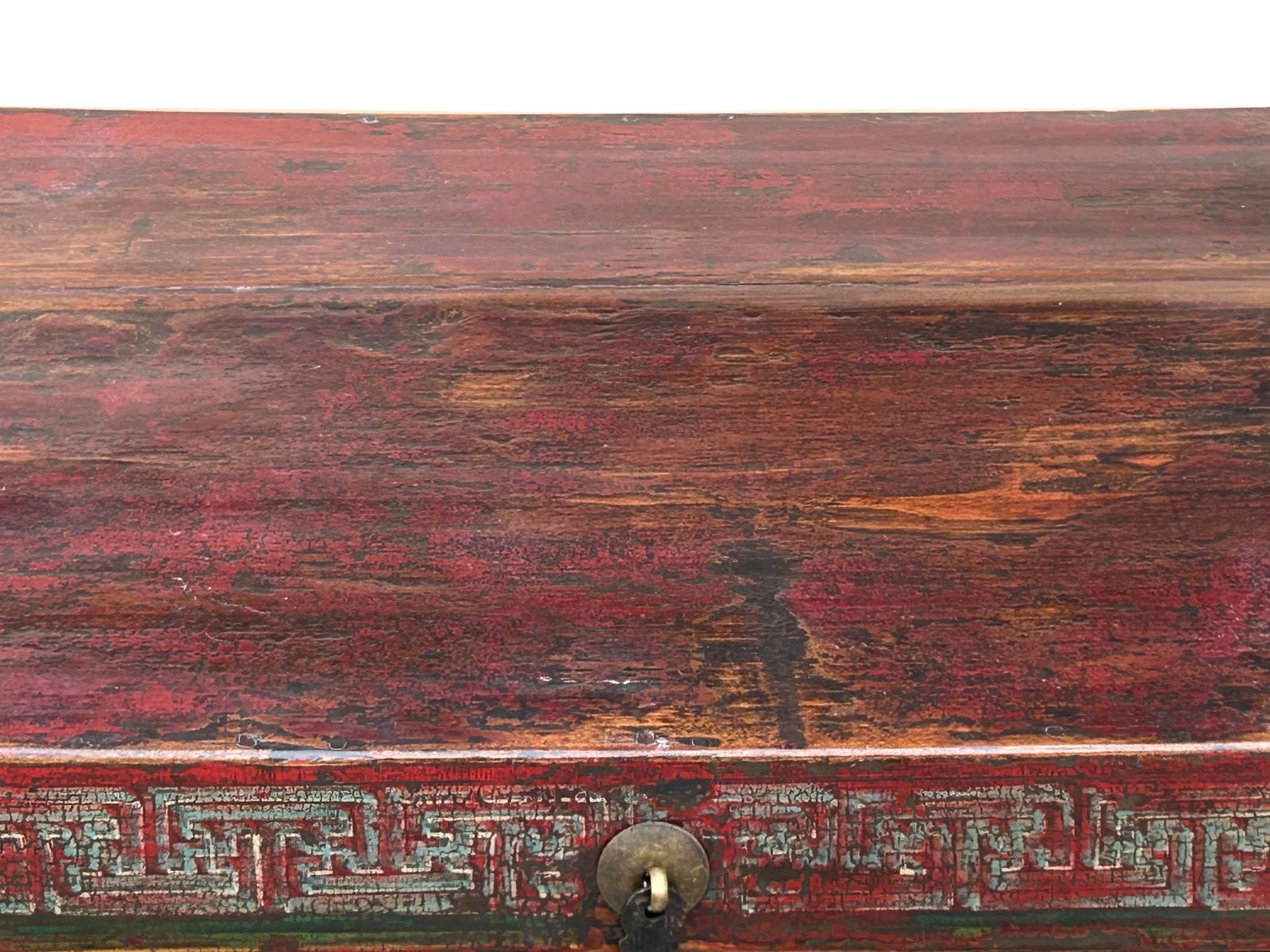 Vintage Distressed Brick Red Brown Flower Bird Oriental Wood Trunk Table - 12