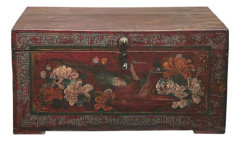 Vintage Distressed Brick Red Brown Flower Bird Oriental Wood Trunk Table
