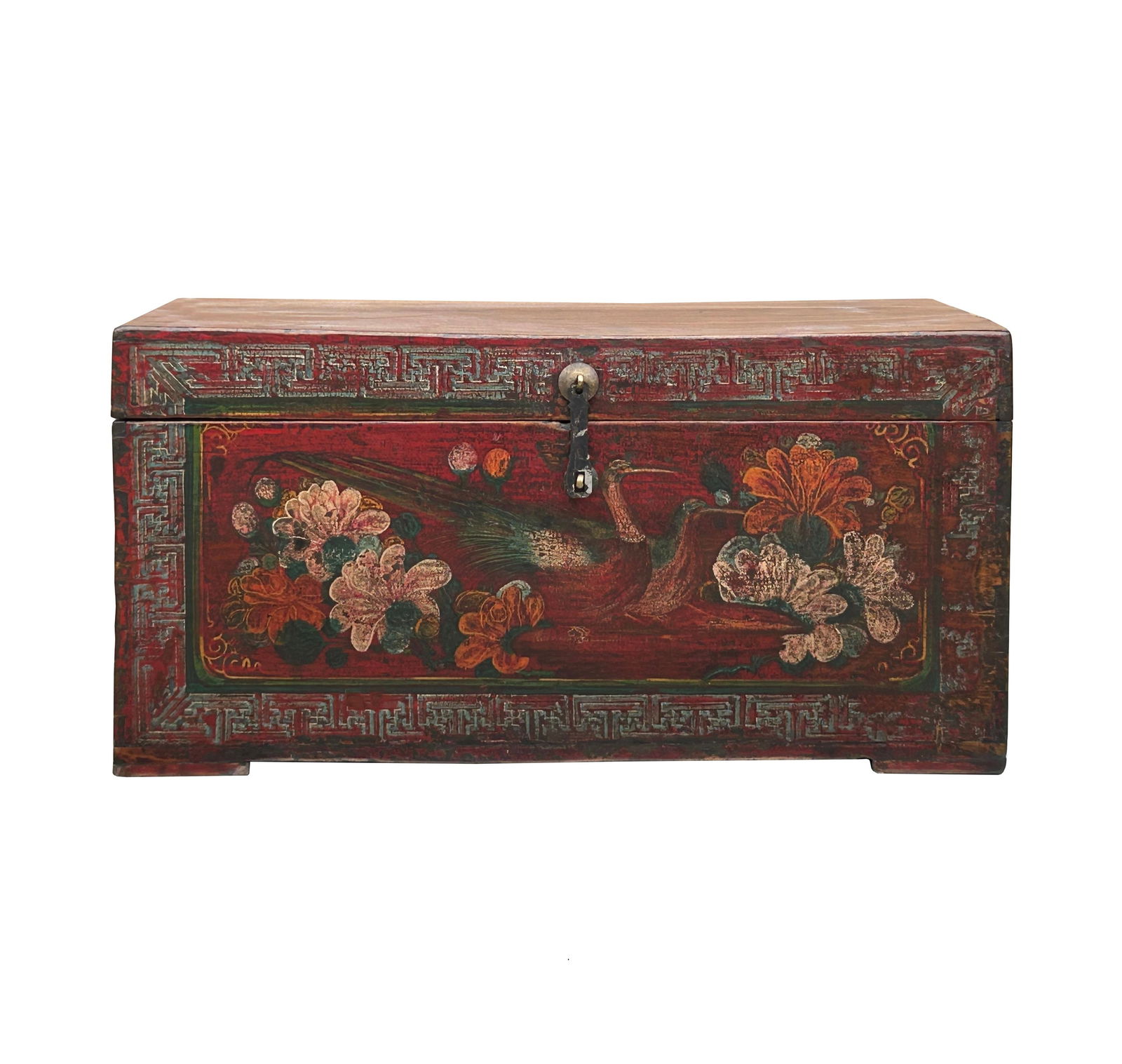 Vintage Distressed Brick Red Brown Flower Bird Oriental Wood Trunk Table - 3