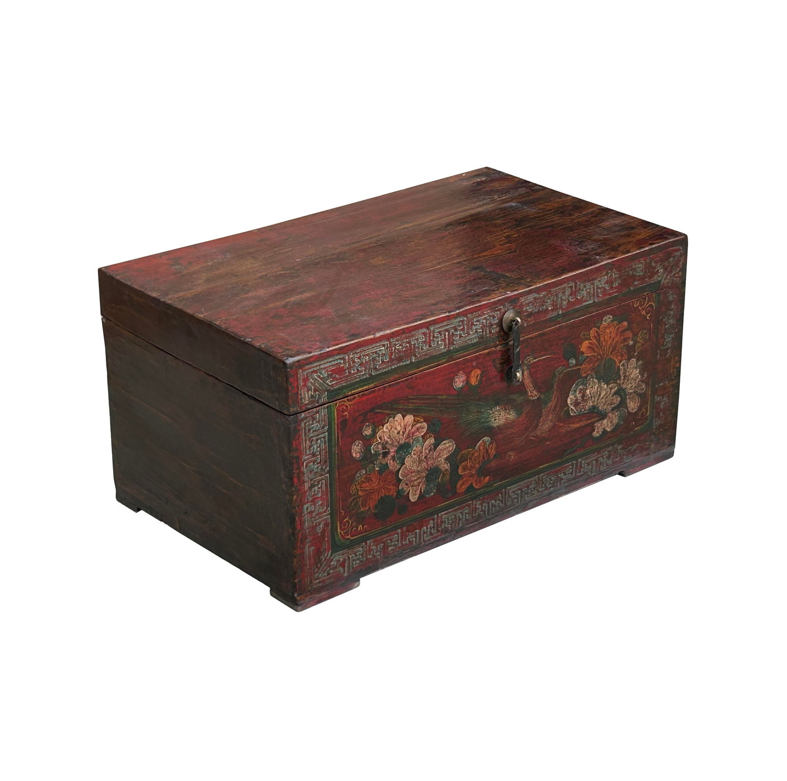 Vintage Distressed Brick Red Brown Flower Bird Oriental Wood Trunk Table - 4