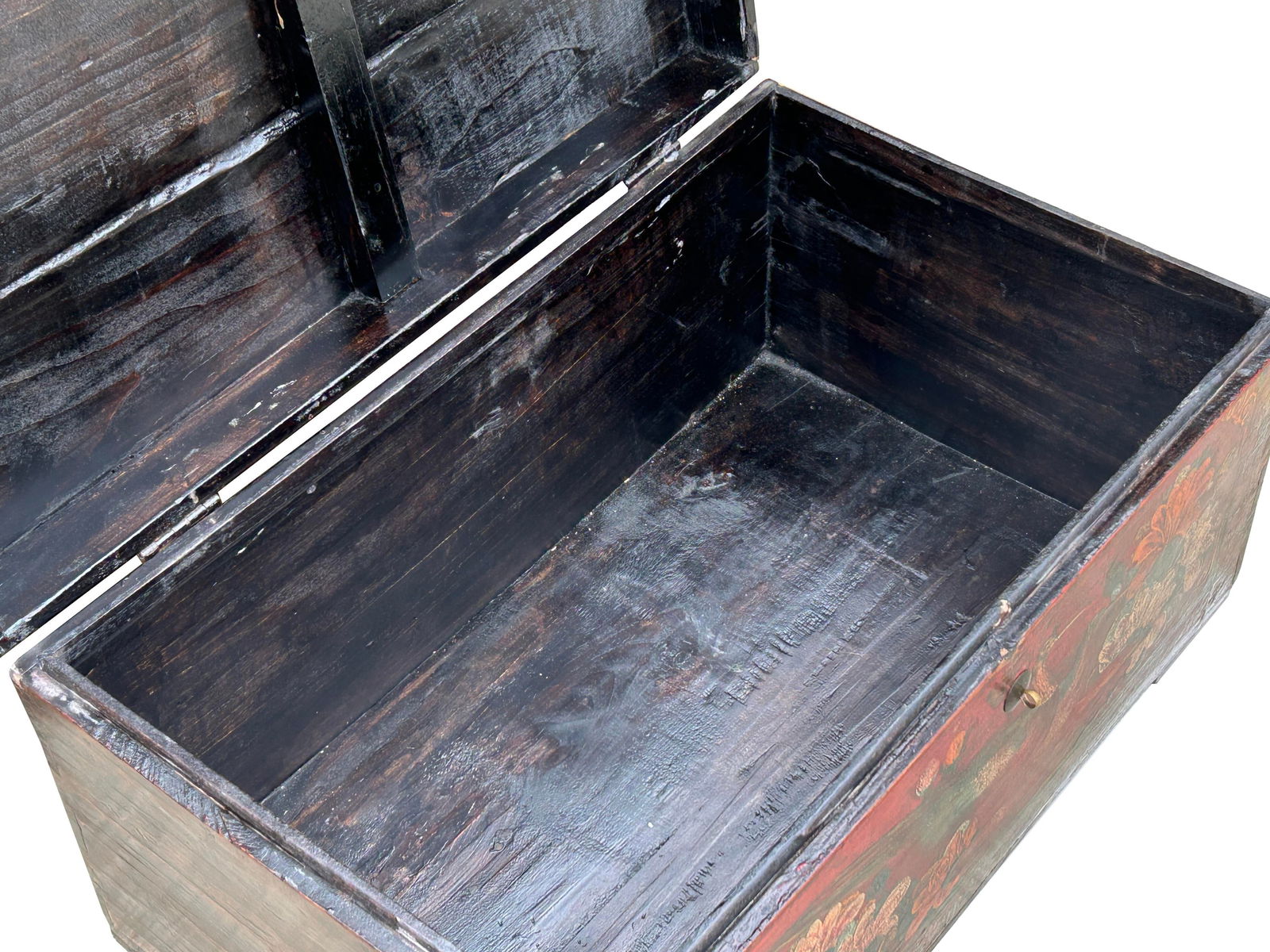 Vintage Distressed Brick Red Brown Flower Bird Oriental Wood Trunk Table - 5