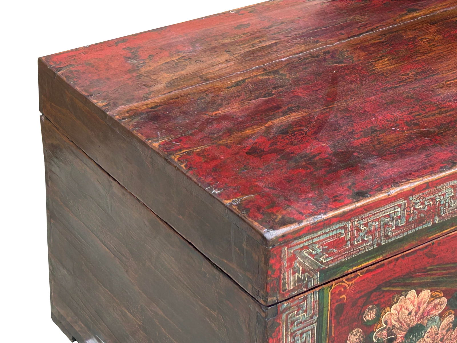 Vintage Distressed Brick Red Brown Flower Bird Oriental Wood Trunk Table - 8
