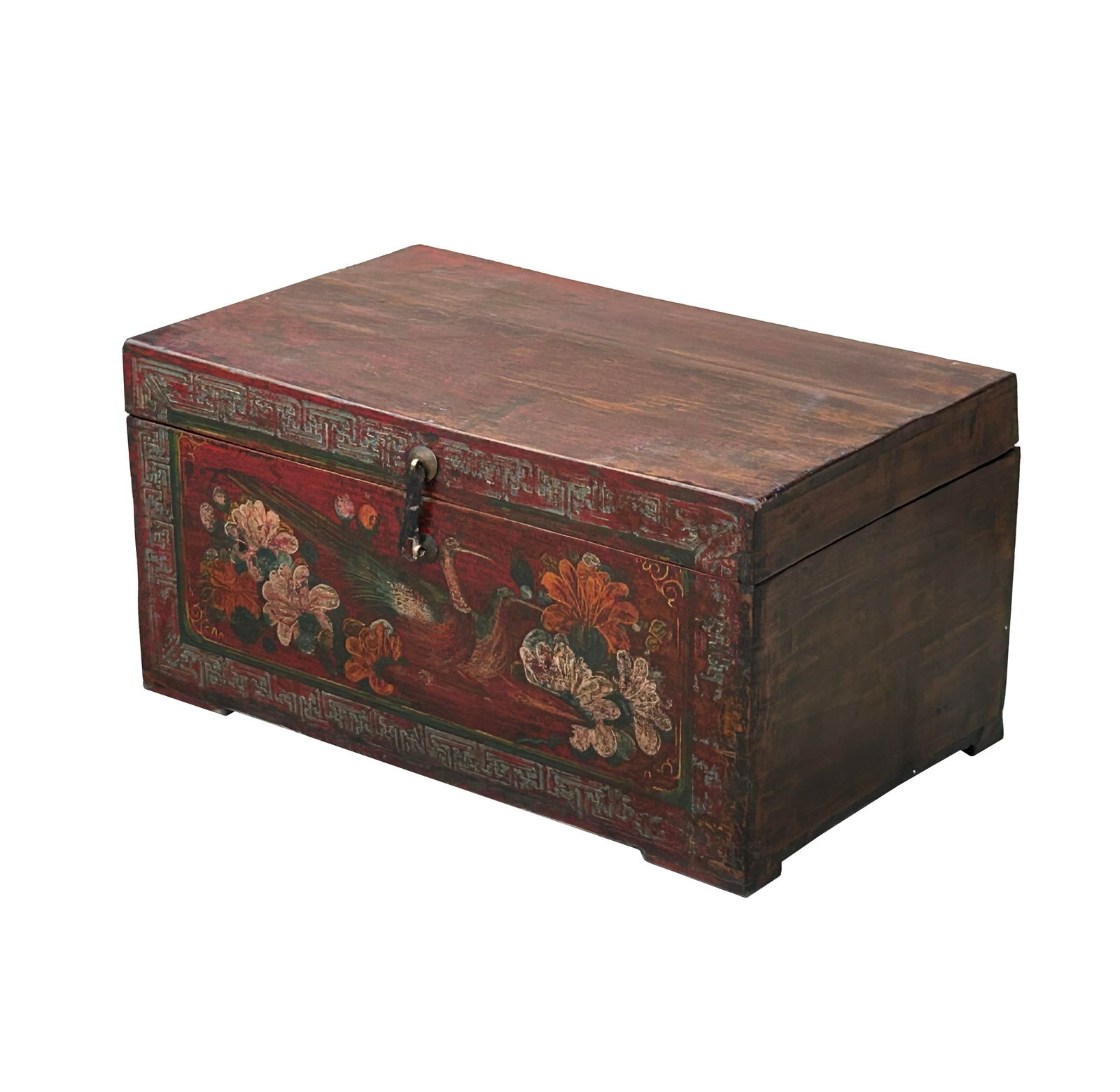 Vintage Distressed Brick Red Brown Flower Bird Oriental Wood Trunk Table - 9