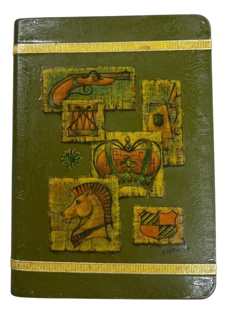 Mid Century Folk Art Book Box, Dated and Signed by Artist "˜70: Hand made mid century folk art book box. Has small hinges if you wish to apply. Olive background with yellow, orange and brown art with gold ribbon look bands all with an aged finish. Measures 7" x