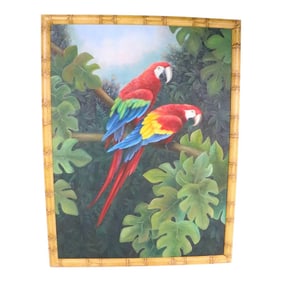 Large Vintage Painting on Canvas Depicting Two Macaws in Lush Tropical Setting C 1970/80's