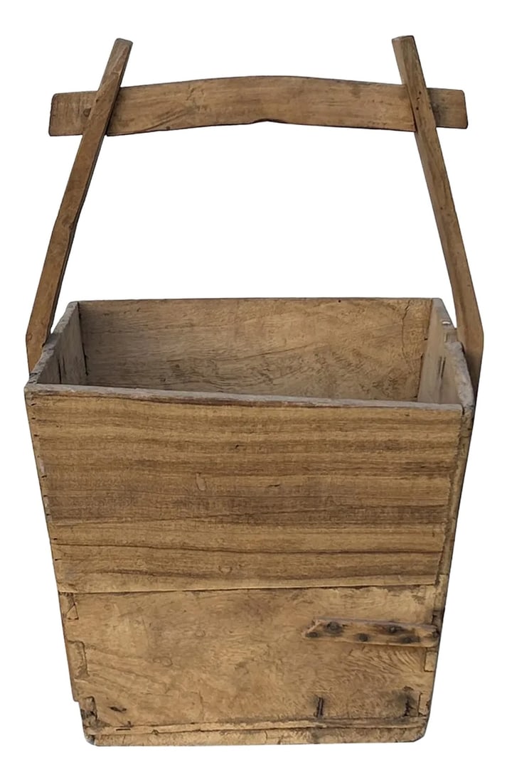 Vintage Rustic Raw Wood Light Tan Square With Handle Wood Bucket: This vintage square wooden bucket, possibly a reclaimed Chinese grain container, brings a touch of rustic authenticity to your decor. Its unique square form, sturdy wooden construction, and weathered