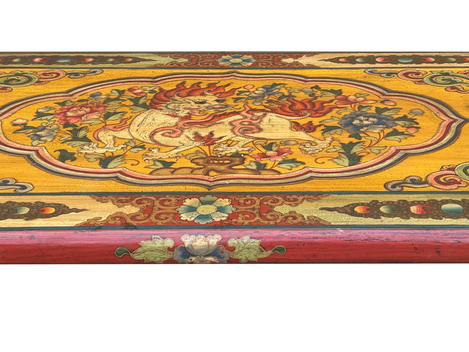 65.5" Tibetan Style Yellow Red Lion Graphic Scroll Rectangular Coffee Table Stand - 11
