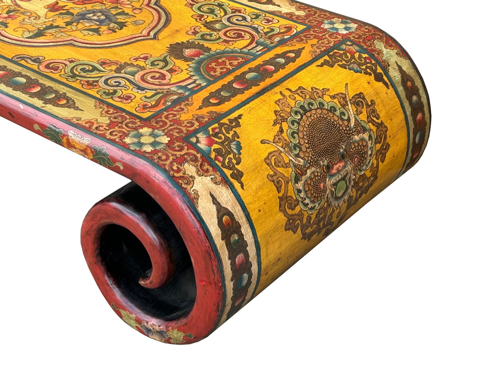 65.5" Tibetan Style Yellow Red Lion Graphic Scroll Rectangular Coffee Table Stand - 12