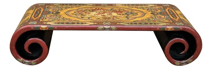 65.5" Tibetan Style Yellow Red Lion Graphic Scroll Rectangular Coffee Table Stand