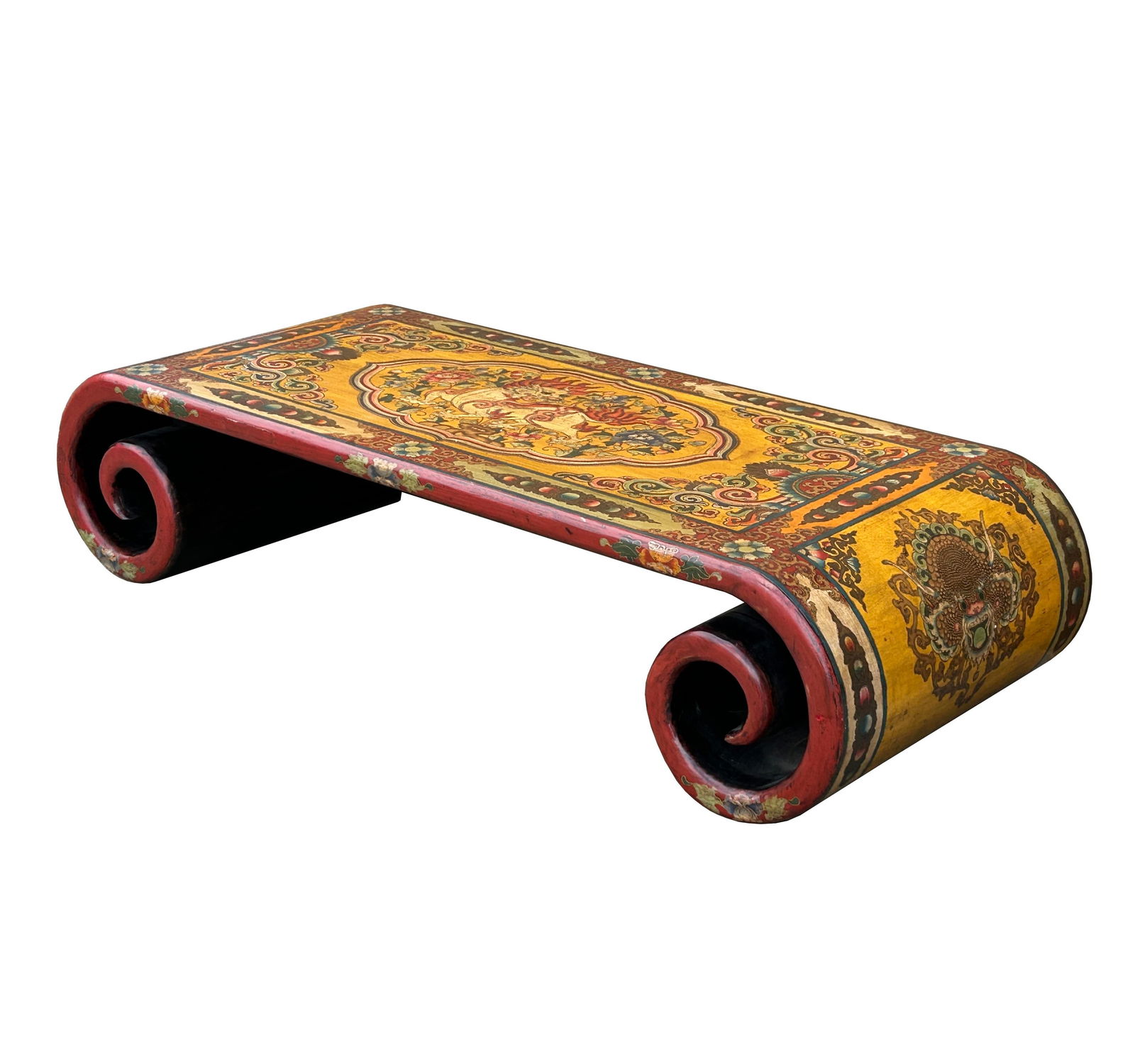 65.5" Tibetan Style Yellow Red Lion Graphic Scroll Rectangular Coffee Table Stand - 2