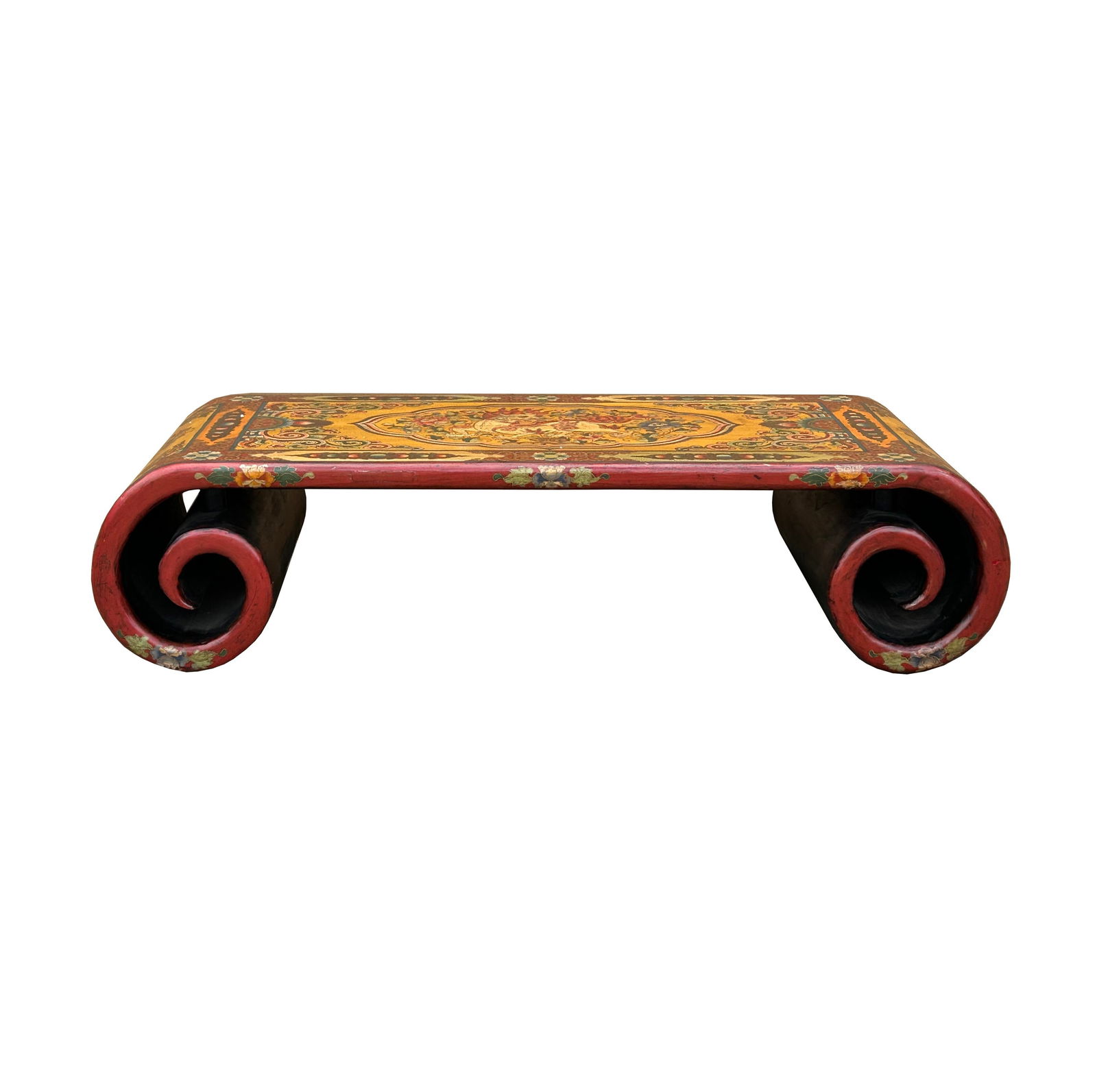 65.5" Tibetan Style Yellow Red Lion Graphic Scroll Rectangular Coffee Table Stand - 3