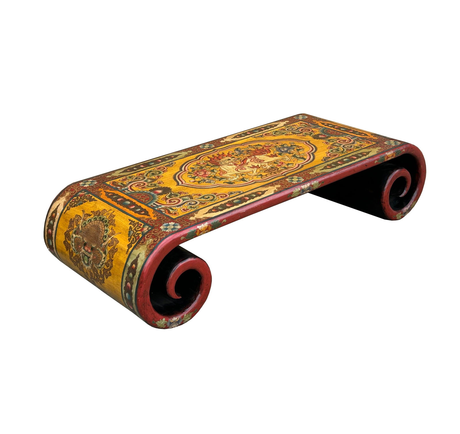65.5" Tibetan Style Yellow Red Lion Graphic Scroll Rectangular Coffee Table Stand - 4