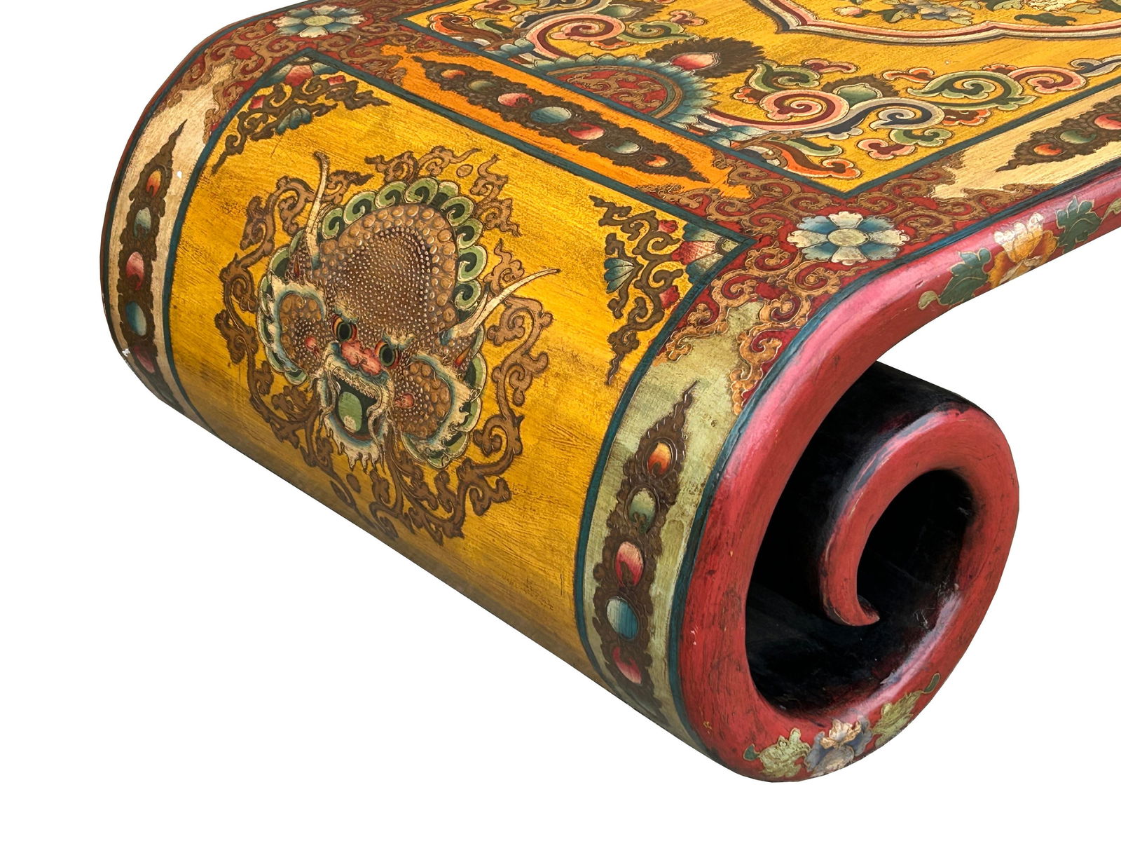 65.5" Tibetan Style Yellow Red Lion Graphic Scroll Rectangular Coffee Table Stand - 7