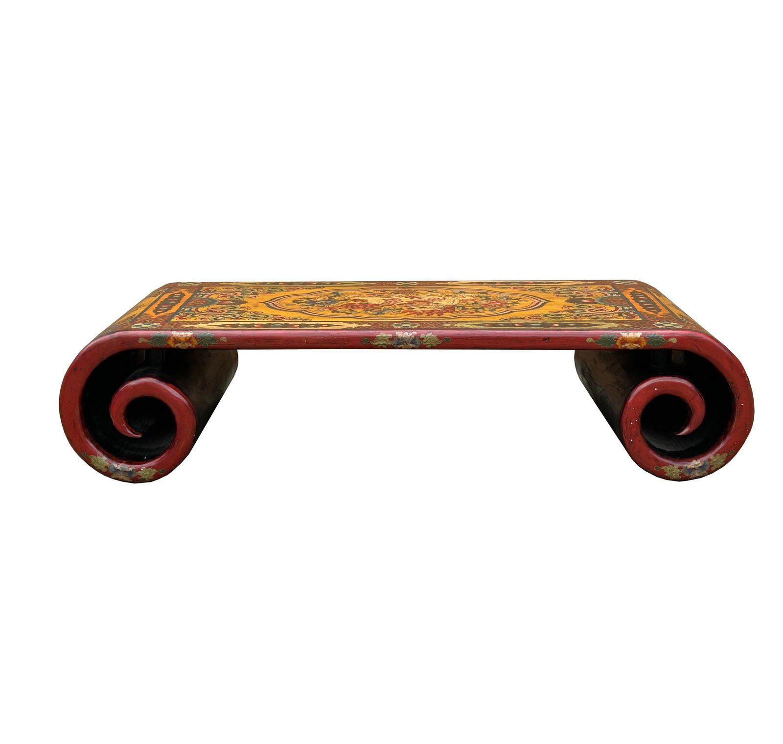 65.5" Tibetan Style Yellow Red Lion Graphic Scroll Rectangular Coffee Table Stand - 9