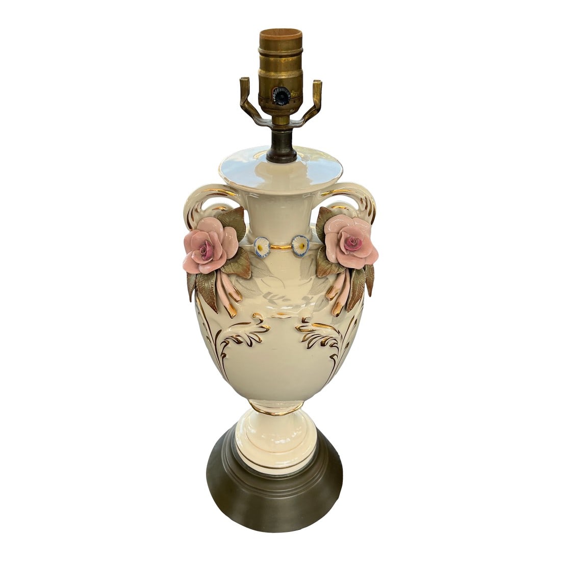 Vintage Mid Century Capodimonte Style Floral Lamp: Vintage Mid Century Capodimonte-style table lamp. Beautiful pink flowers on the front The back of the lamp with the embossed detail reminds me of Lenox items. Measures 20 inches to the socket and 7"