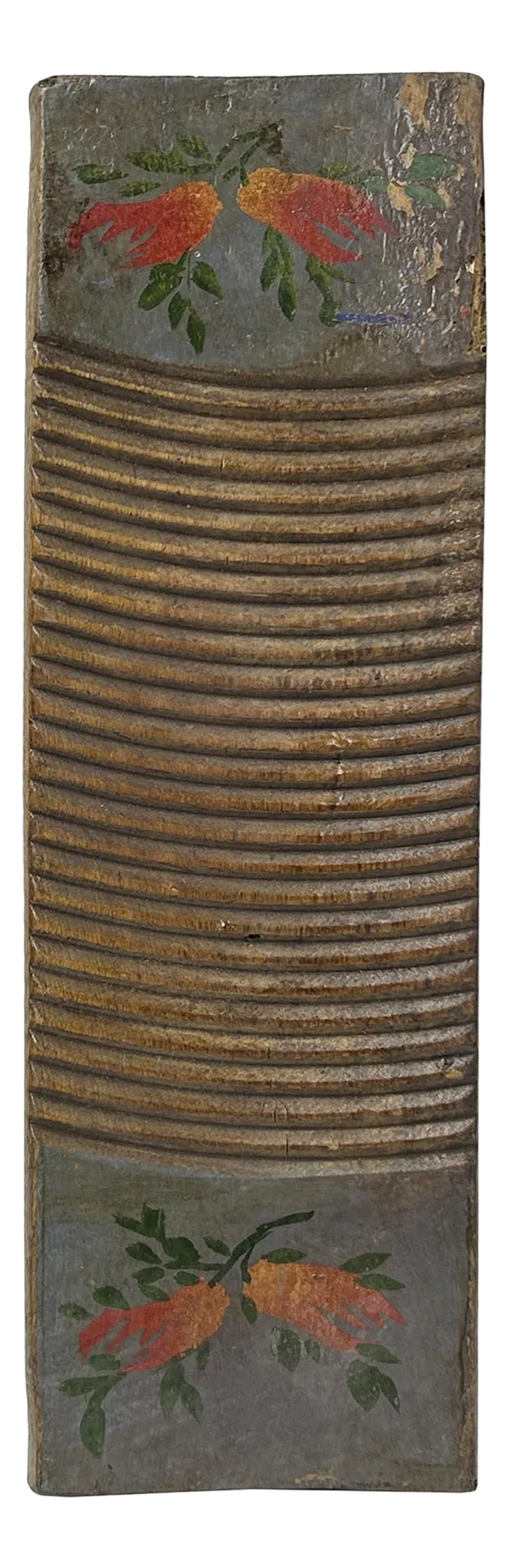 Vintage Restored Gray Blue Flower Graphic Washing Board Wood Panel Art: Capture the nostalgic charm of a bygone era with this beautifully hand-painted vintage washboard. Adorned with delicate floral motifs on a rustic gray blue backdrop, this piece transcends its