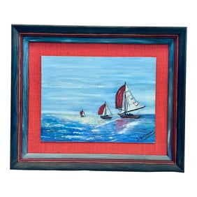 1970s Vintage Nautical Folk Art Painting Sailboat Ocean, Framed
