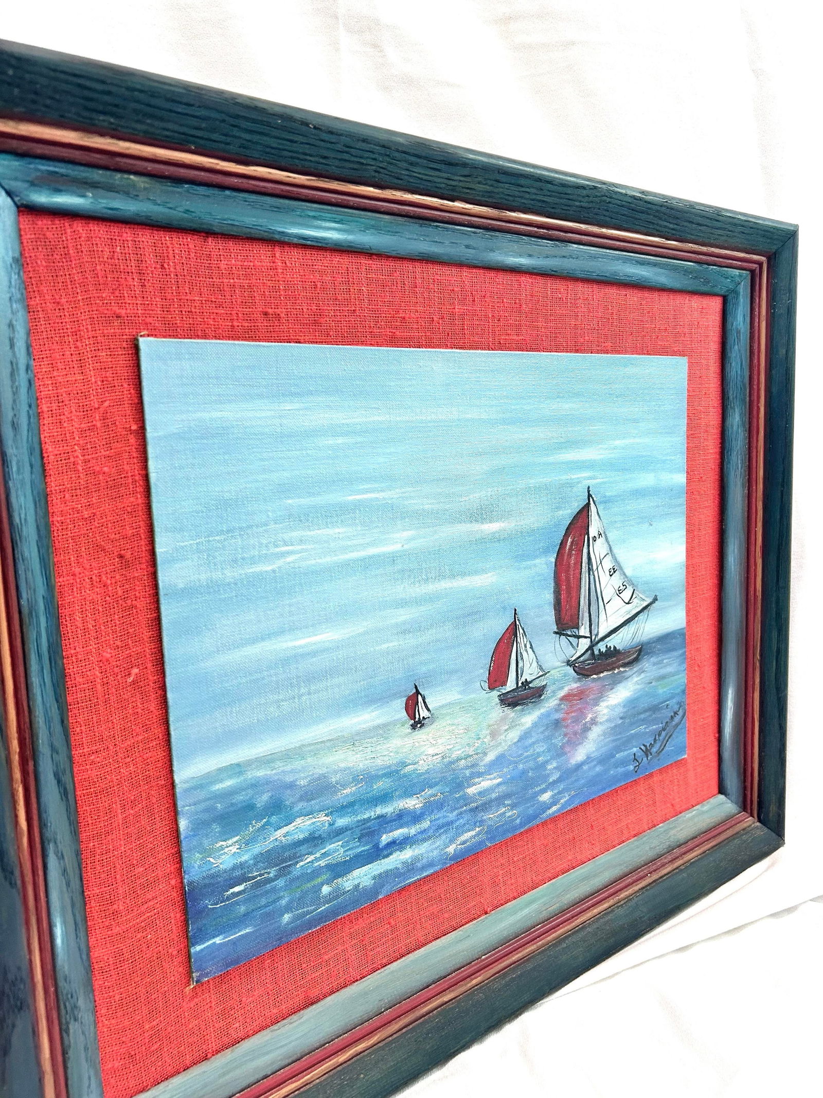 1970s Vintage Nautical Folk Art Painting Sailboat Ocean, Framed - 2