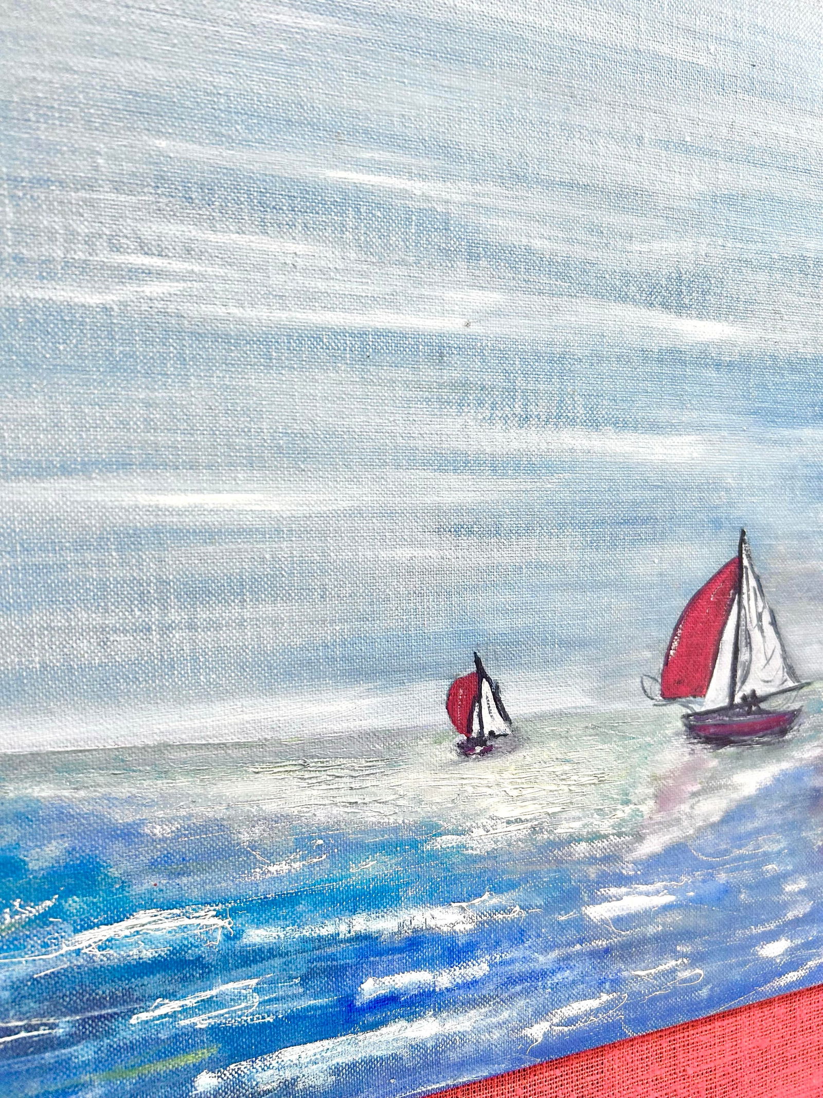 1970s Vintage Nautical Folk Art Painting Sailboat Ocean, Framed - 3