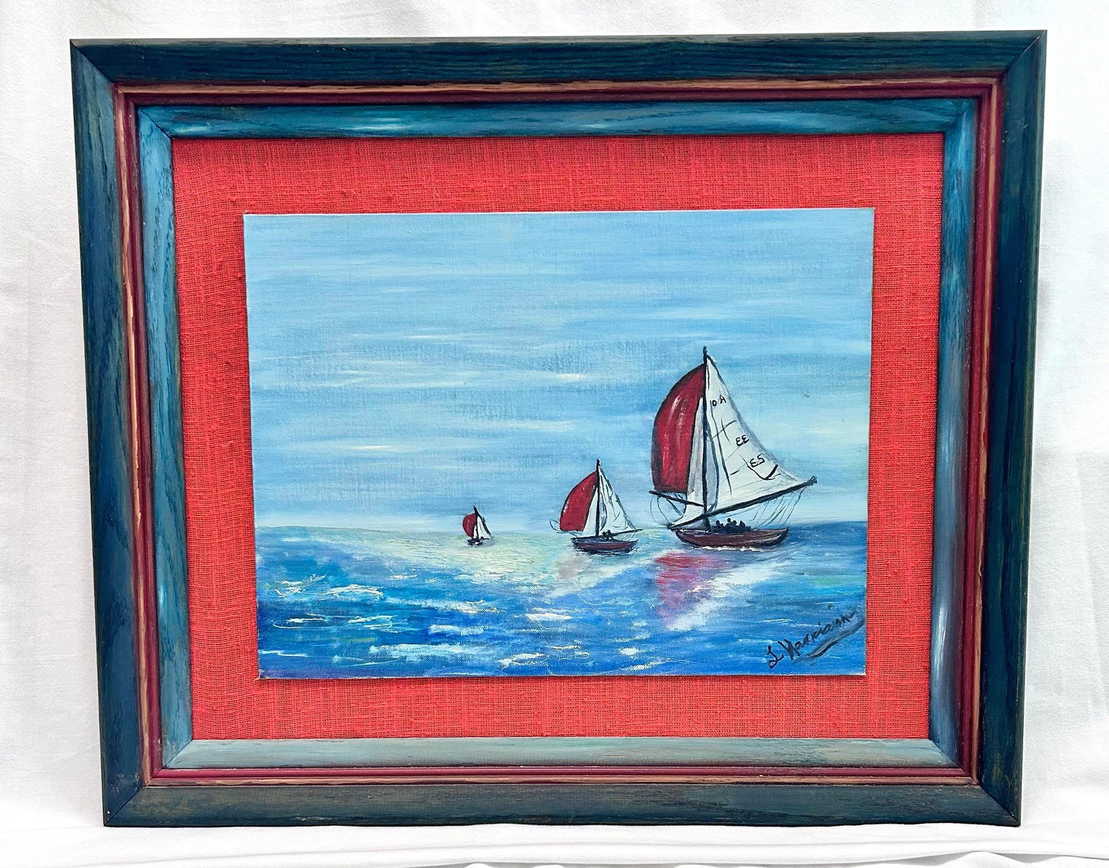 1970s Vintage Nautical Folk Art Painting Sailboat Ocean, Framed - 4
