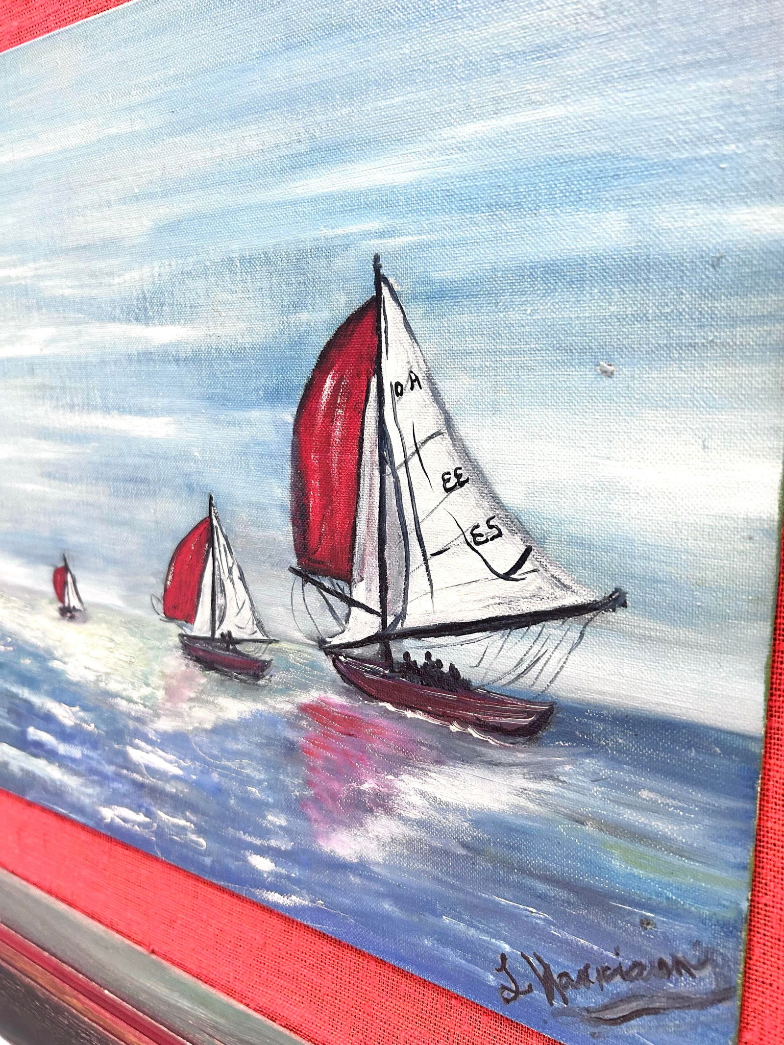 1970s Vintage Nautical Folk Art Painting Sailboat Ocean, Framed - 5