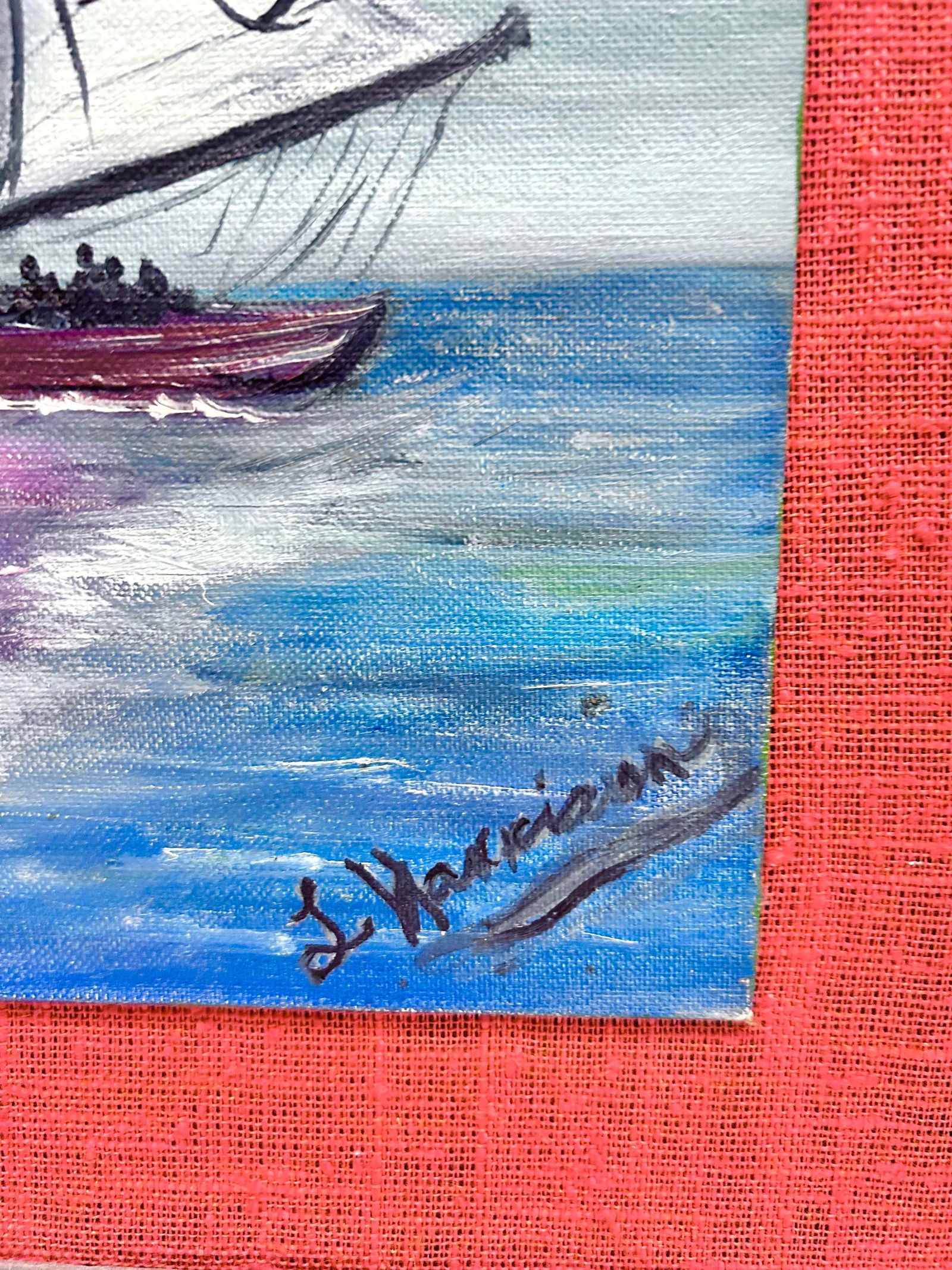 1970s Vintage Nautical Folk Art Painting Sailboat Ocean, Framed - 6