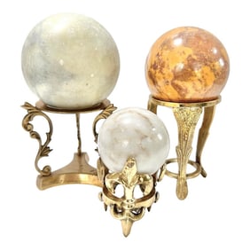1980s Stone Marble Spheres Balls on Brass Pedestal - Set of 3