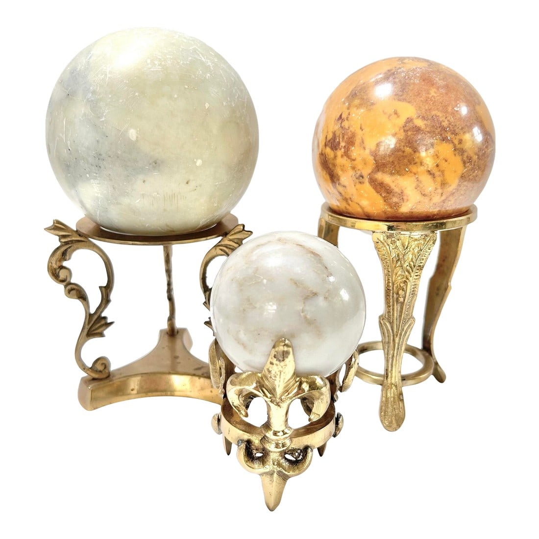 1980s Stone Marble Spheres Balls on Brass Pedestal - Set of 3 (1 of 9)