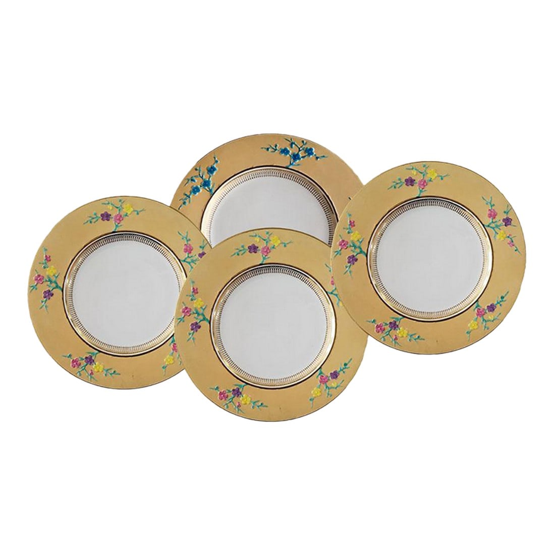 4 Copeland Blanc De Chine Spode Dinner Plates - Wide Yellow Rim Colorful Flowers: Set of 4 Spode Copeland Blanc de Chine dinner plates with wide yellow rim, bright colorful raised flowers, white center and gold trim. Notice one of the plates has aqua flowers. Made in England. I