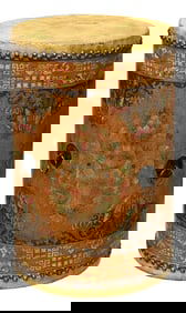 Chinese Tibetan Style Drum Shape Orange Black Jewel Tower Floral Side Table