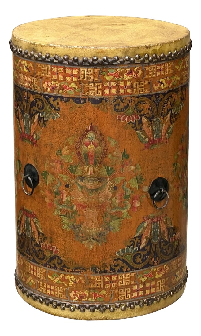 Chinese Tibetan Style Drum Shape Orange Black Jewel Tower Floral Side Table: This stunning Asian drum table features a unique Tibetan drum shape and vibrant orange distressed finish, making it a perfect side table or accent stand. Adorned with intricate floral patterns and
