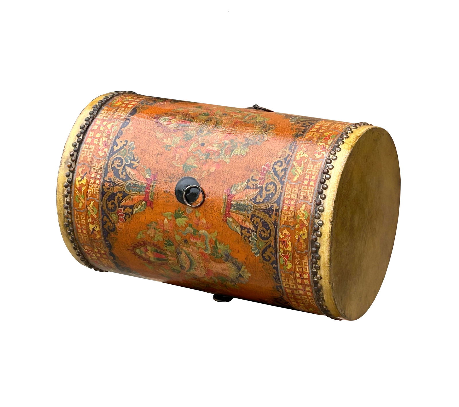 Chinese Tibetan Style Drum Shape Orange Black Jewel Tower Floral Side Table - 2