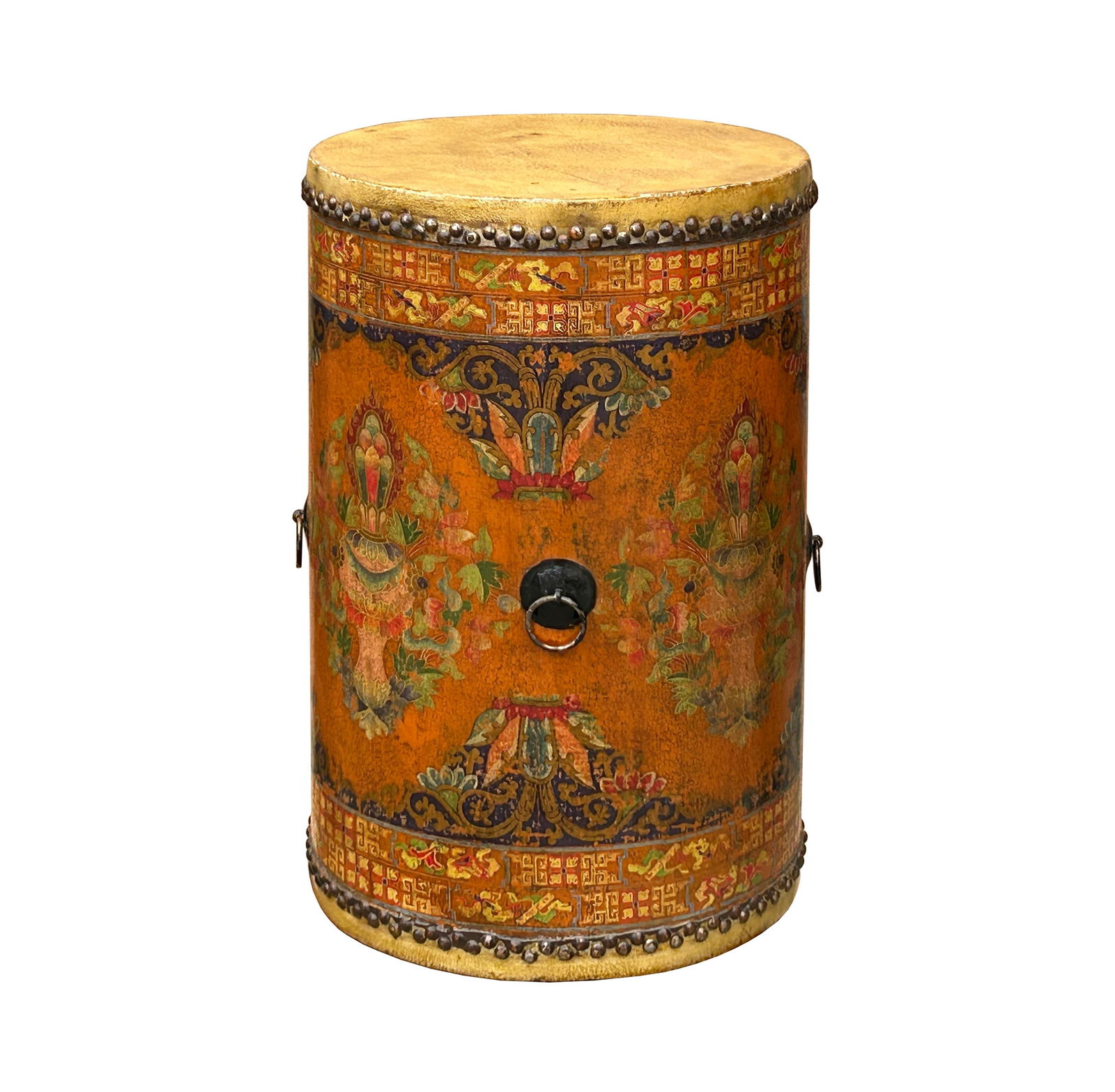 Chinese Tibetan Style Drum Shape Orange Black Jewel Tower Floral Side Table - 3