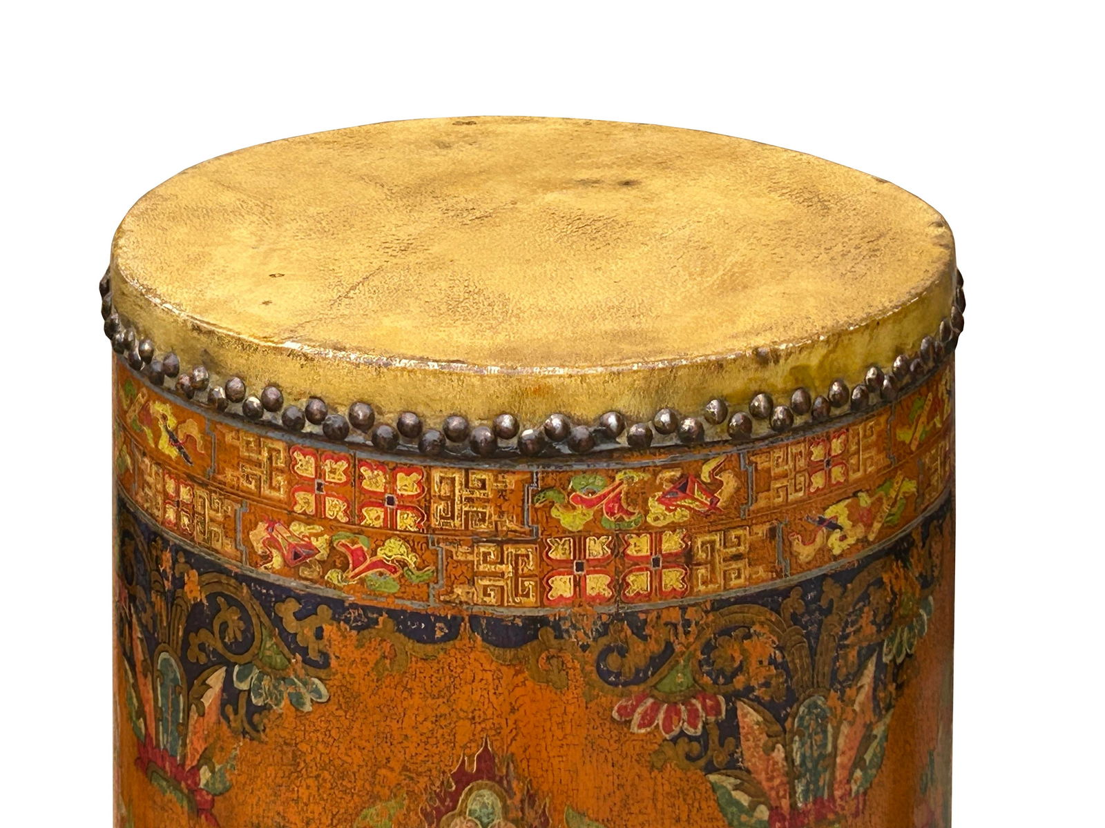 Chinese Tibetan Style Drum Shape Orange Black Jewel Tower Floral Side Table - 4