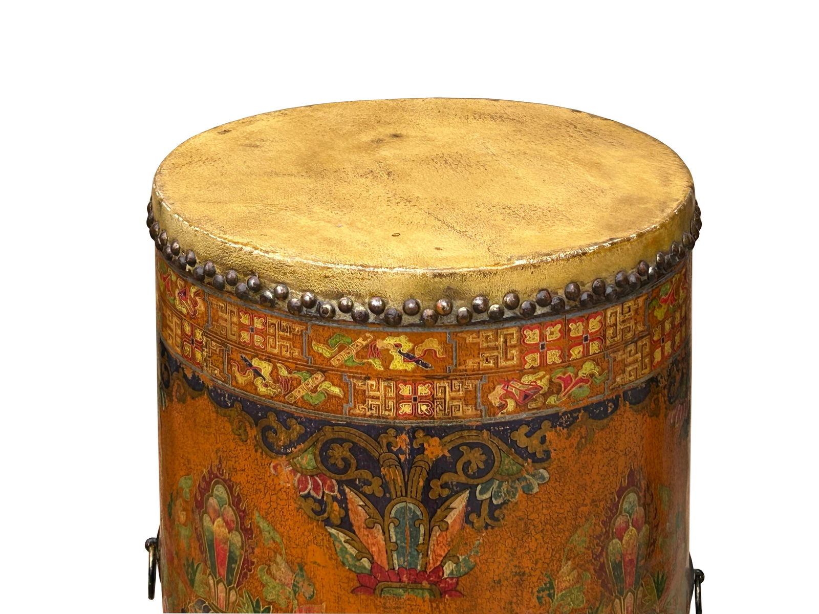 Chinese Tibetan Style Drum Shape Orange Black Jewel Tower Floral Side Table - 5