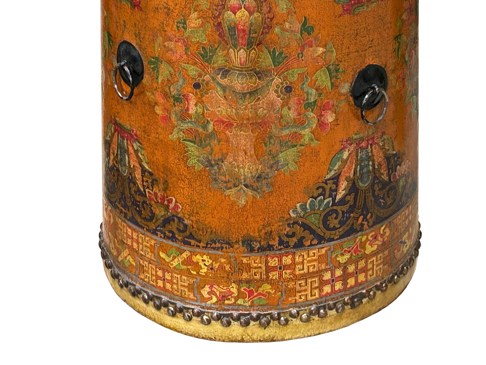 Chinese Tibetan Style Drum Shape Orange Black Jewel Tower Floral Side Table - 7