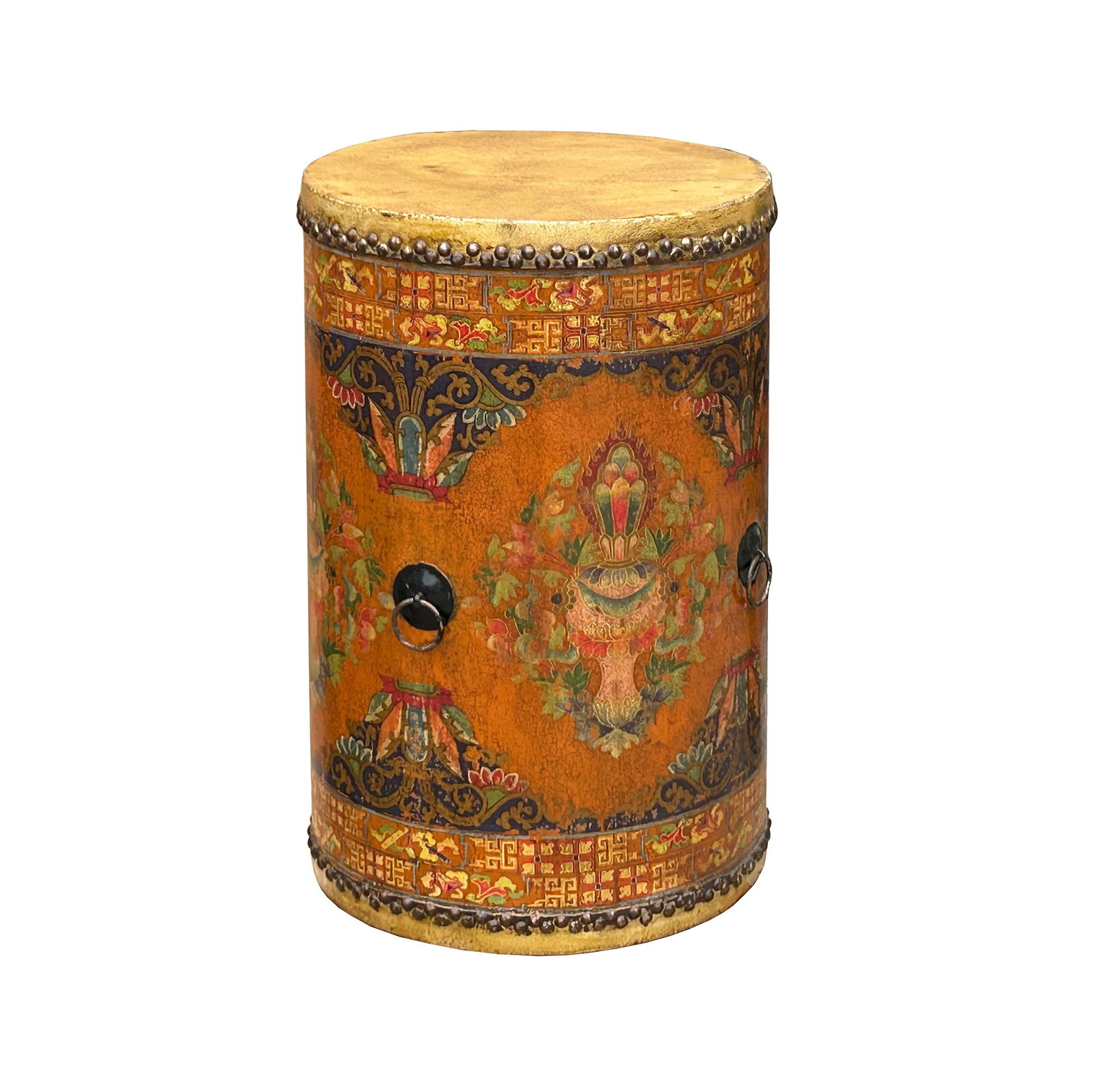 Chinese Tibetan Style Drum Shape Orange Black Jewel Tower Floral Side Table - 8