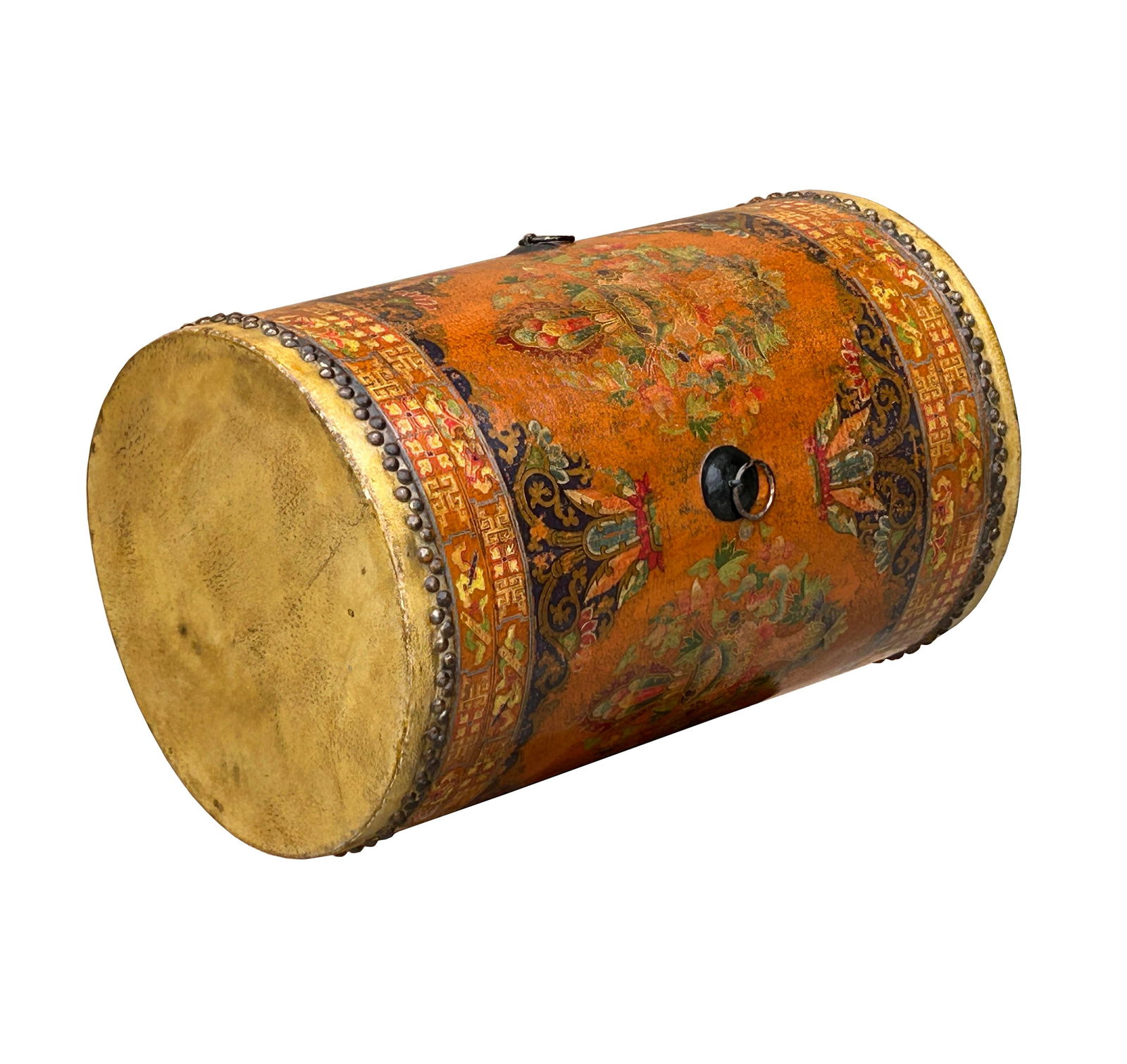 Chinese Tibetan Style Drum Shape Orange Black Jewel Tower Floral Side Table - 9