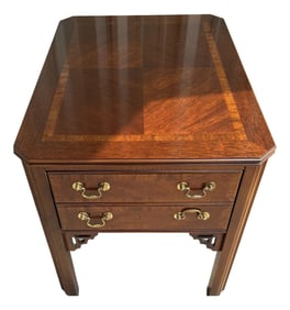 1970s Lane Altavista Mahogany Inlaid Chippendale One Drawer End Side Table