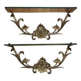 1970s Ornate Brass and Glass Wall Shelves, Made in Taiwan, a Pair