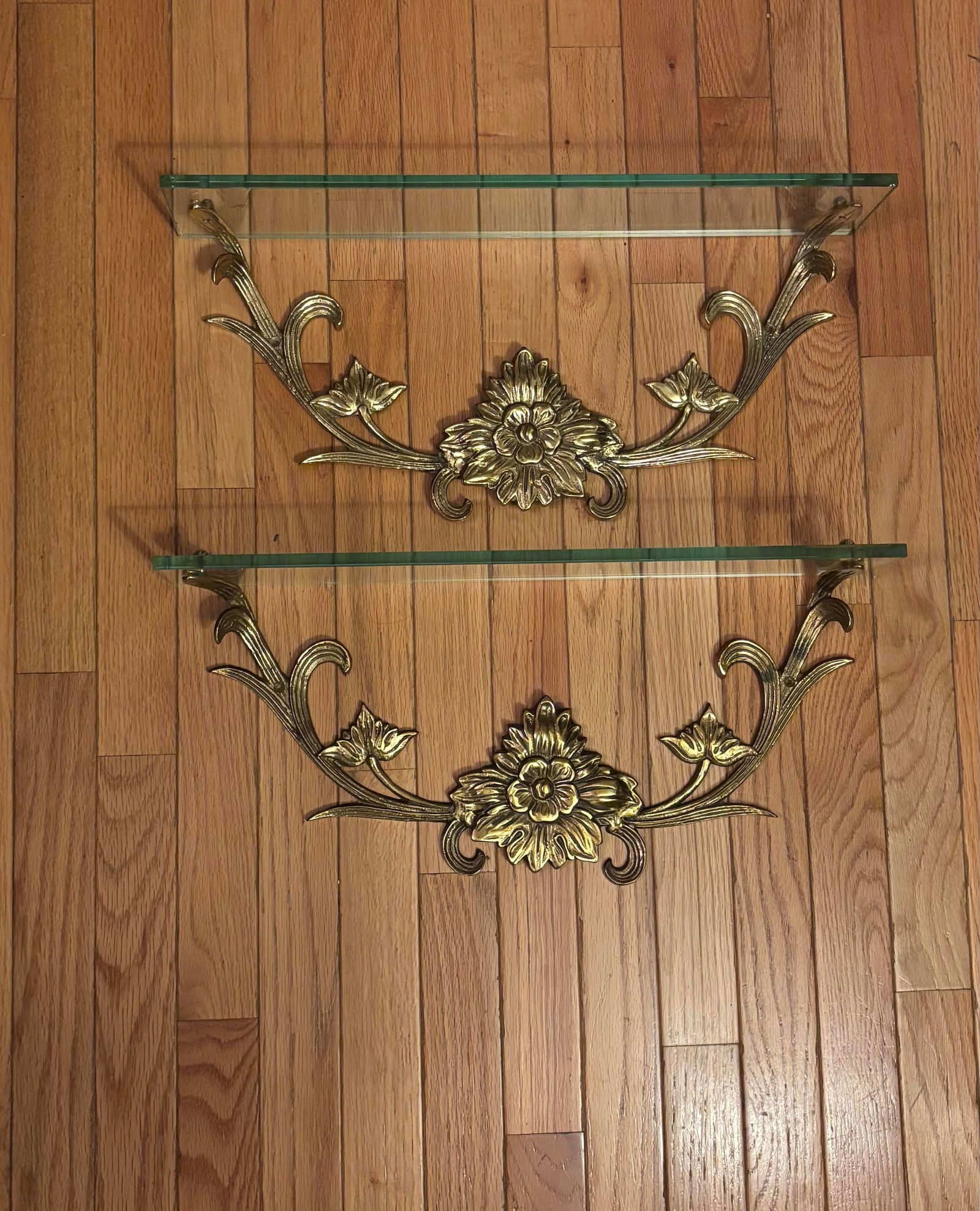 1970s Ornate Brass and Glass Wall Shelves, Made in Taiwan, a Pair - 2