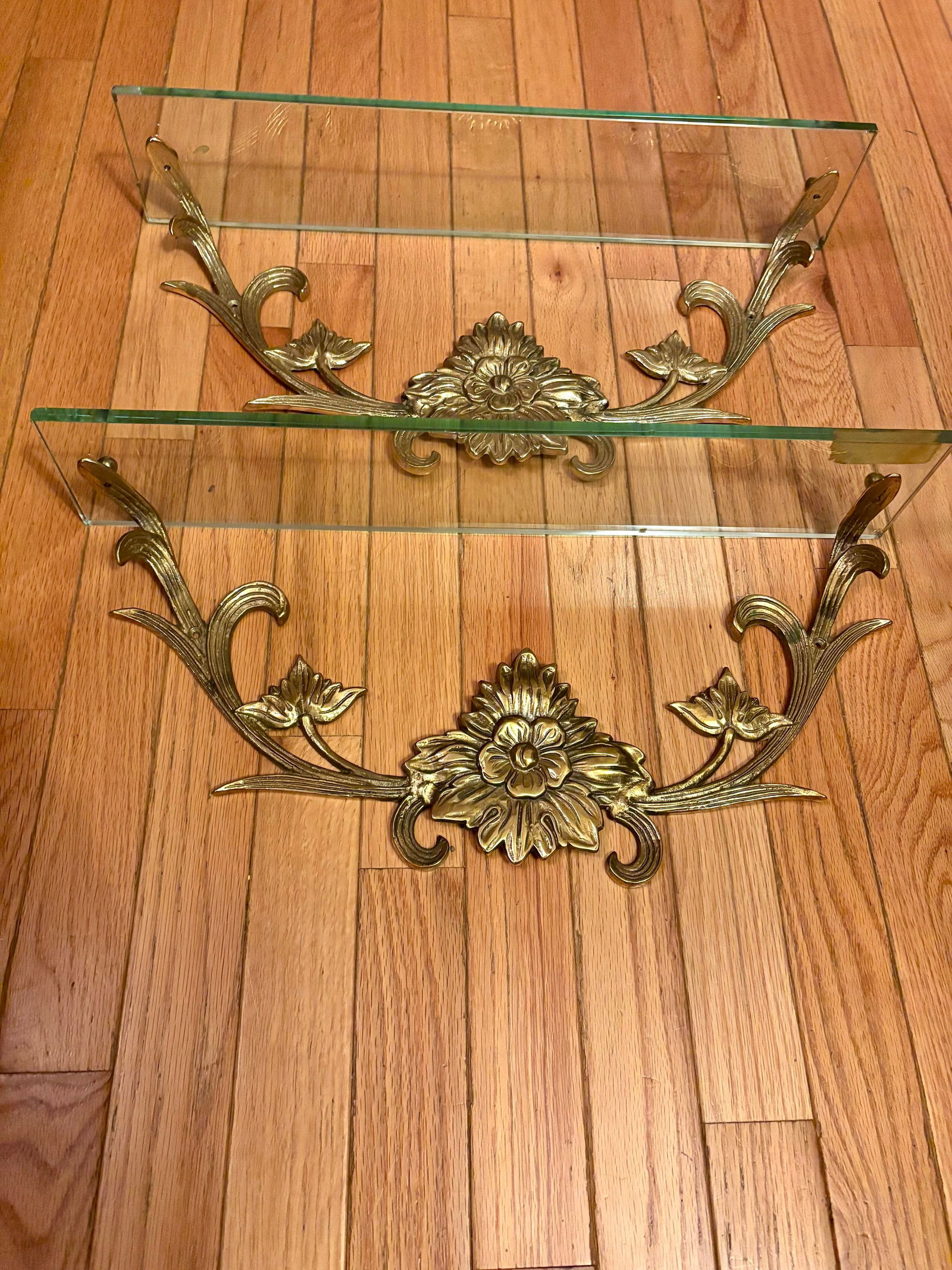 1970s Ornate Brass and Glass Wall Shelves, Made in Taiwan, a Pair - 3