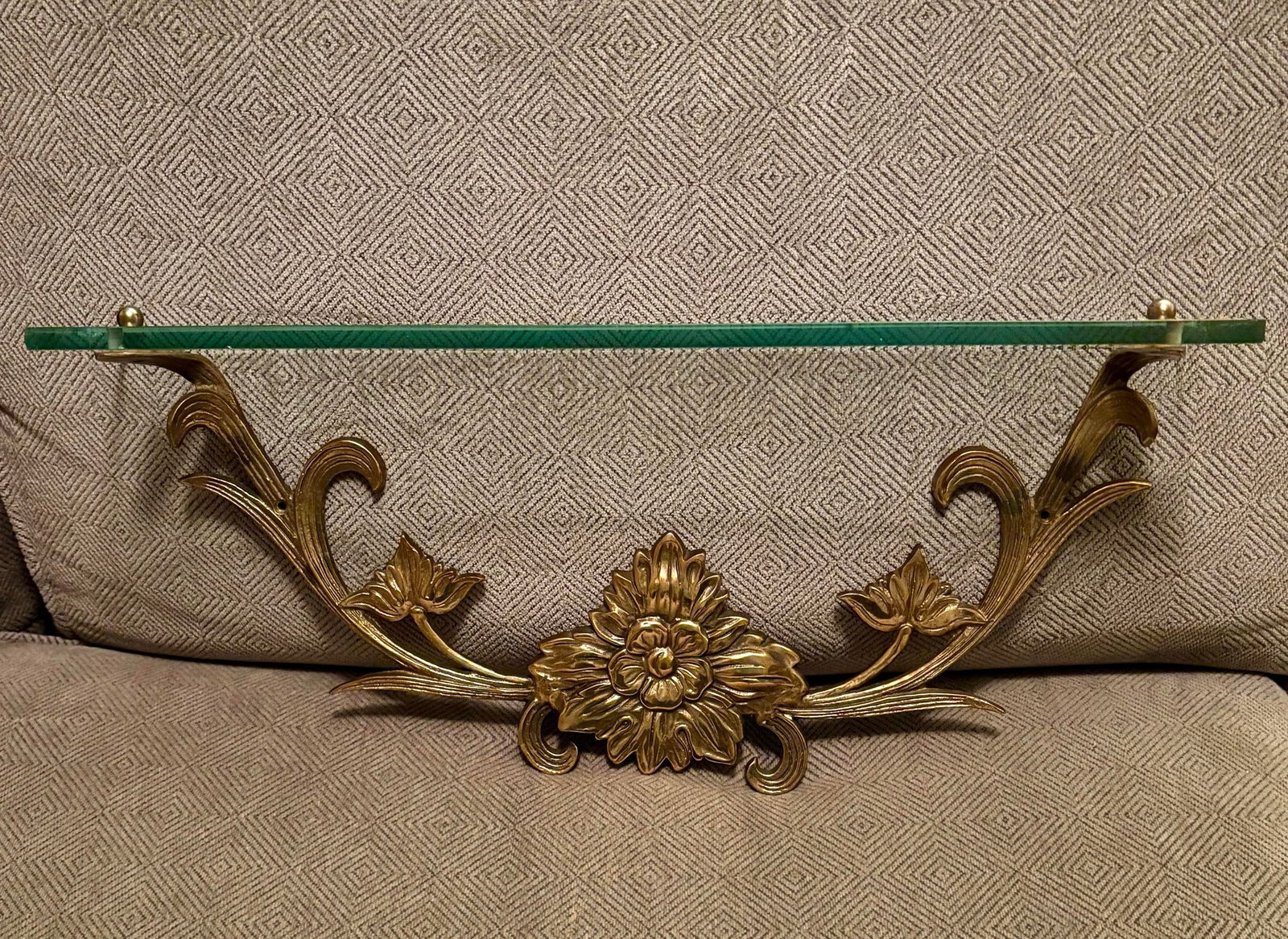 1970s Ornate Brass and Glass Wall Shelves, Made in Taiwan, a Pair - 5