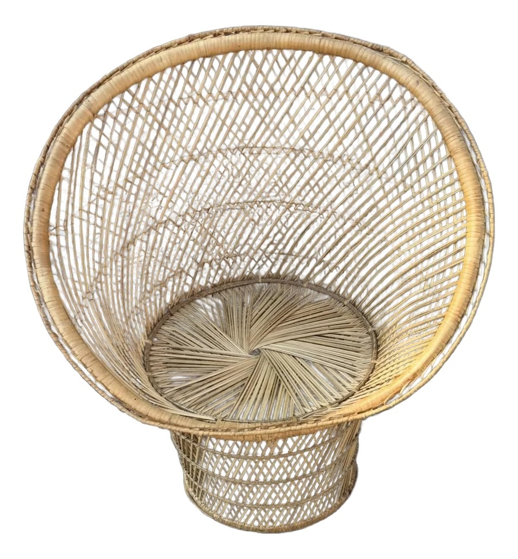 1970s Peacock Chair: Vintage Barrel Back Peacock Chair Constructed of Wicker & Bamboo . Condition: Alterations: Original Condition Unaltered Imperfections: Some Imperfections Condition Notes: Good Shape Normal Wear 