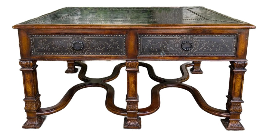 Theodore Alexander Armoury Collection Etched Brass Cocktail Table: Theodore Alexander Armoury Collection Etched Brass Coffee Table featuring drawers on one side, pull-out trays on the sides, studded etched brass floral and scroll design panels on all sides, drawers,