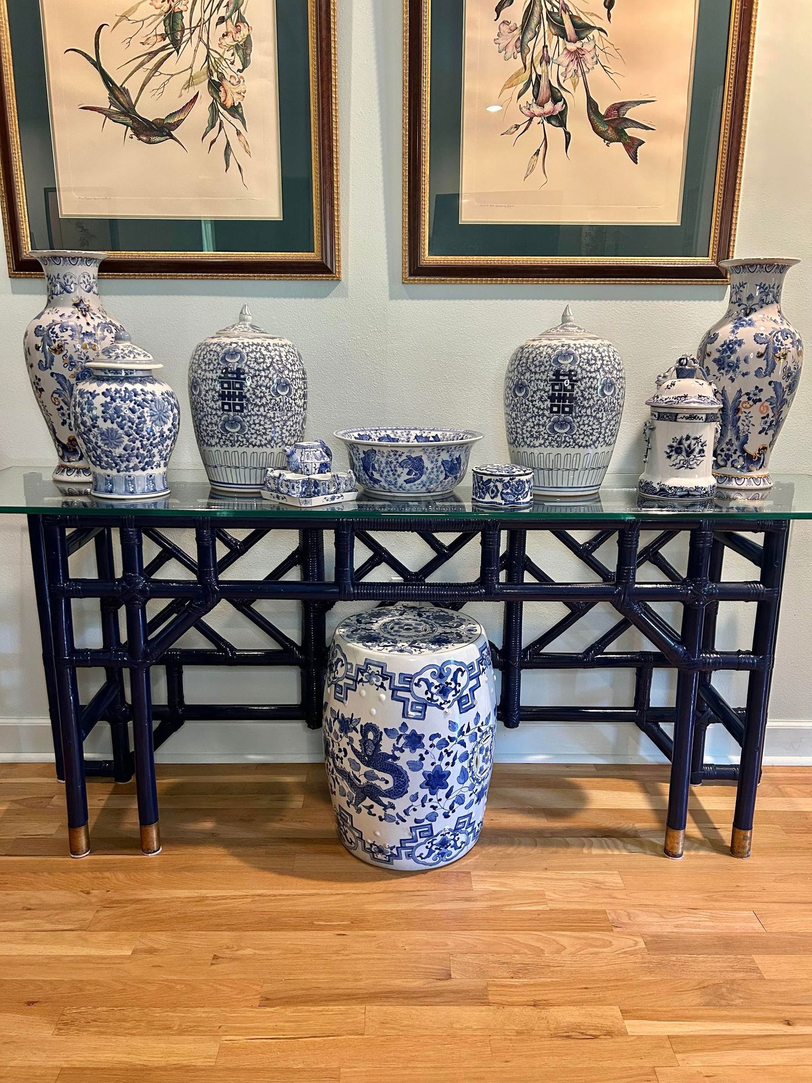 1970's Custom Chinoiserie Bamboo and Rattan Console Table With Glass Top - 2