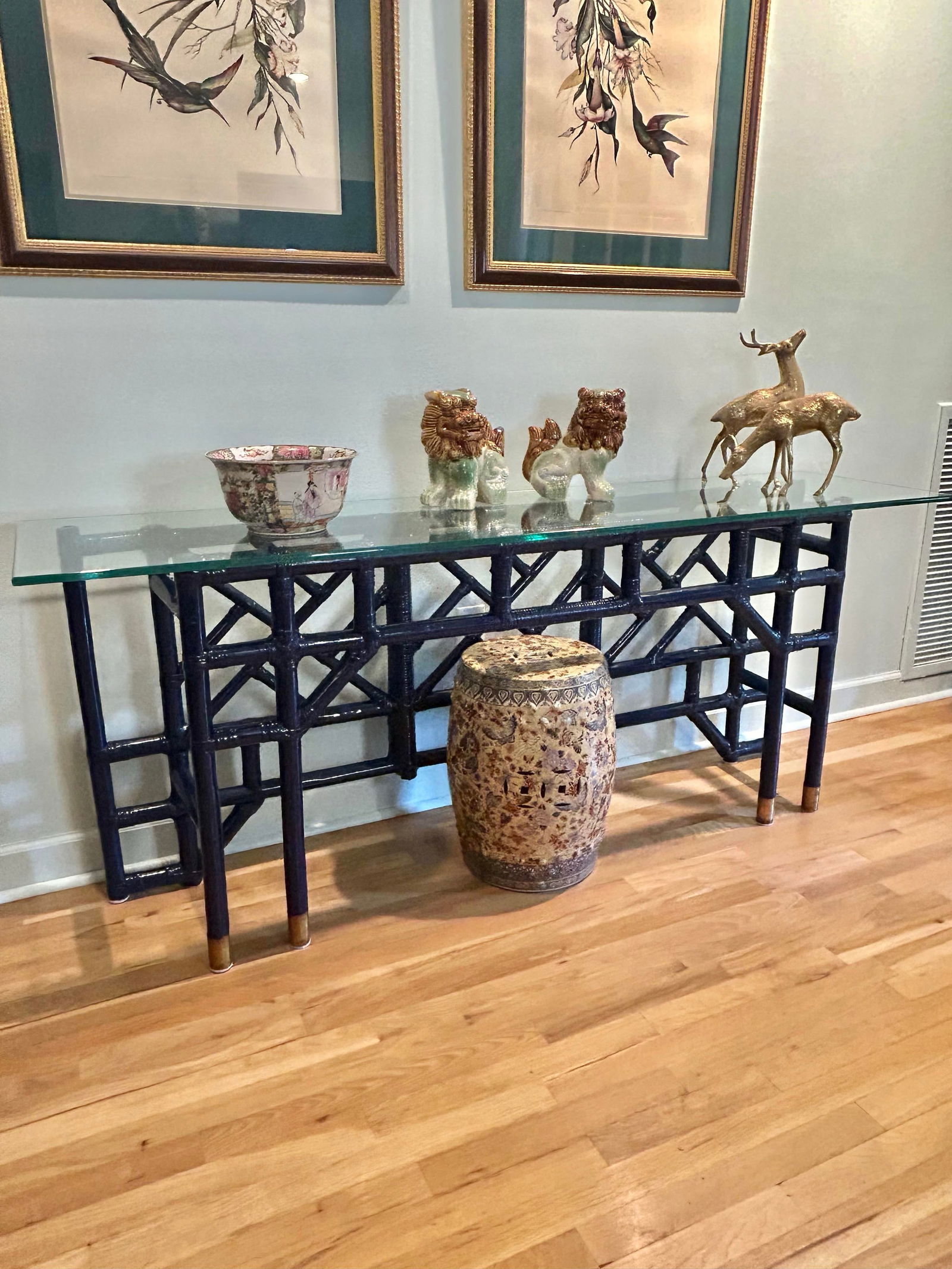 1970's Custom Chinoiserie Bamboo and Rattan Console Table With Glass Top - 3